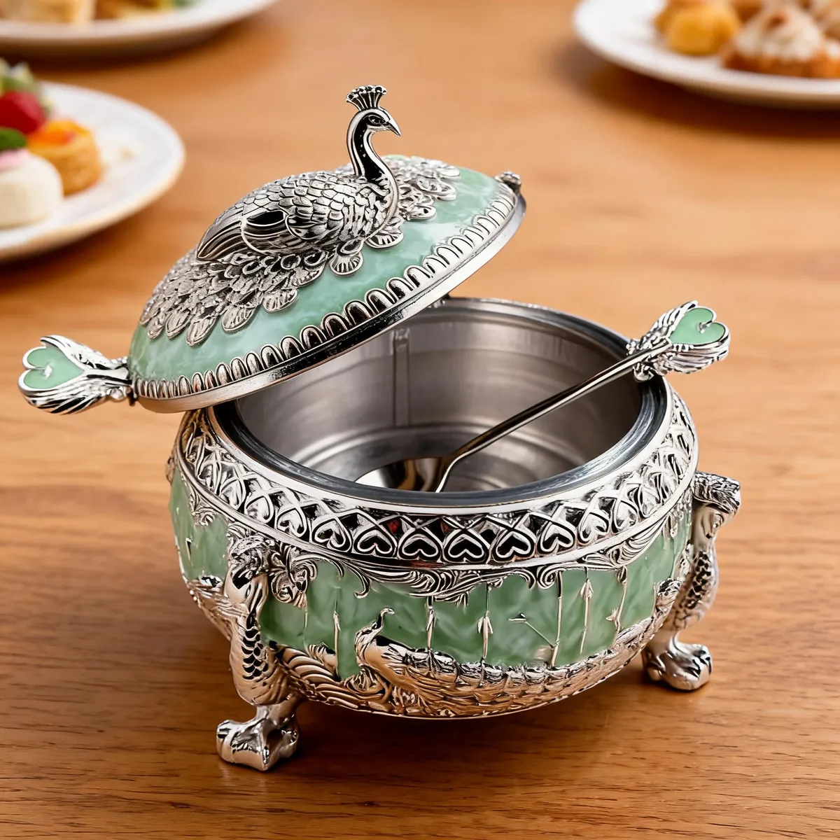 Green enamel German Silver peacock sugar bowl with spoon on a wooden table