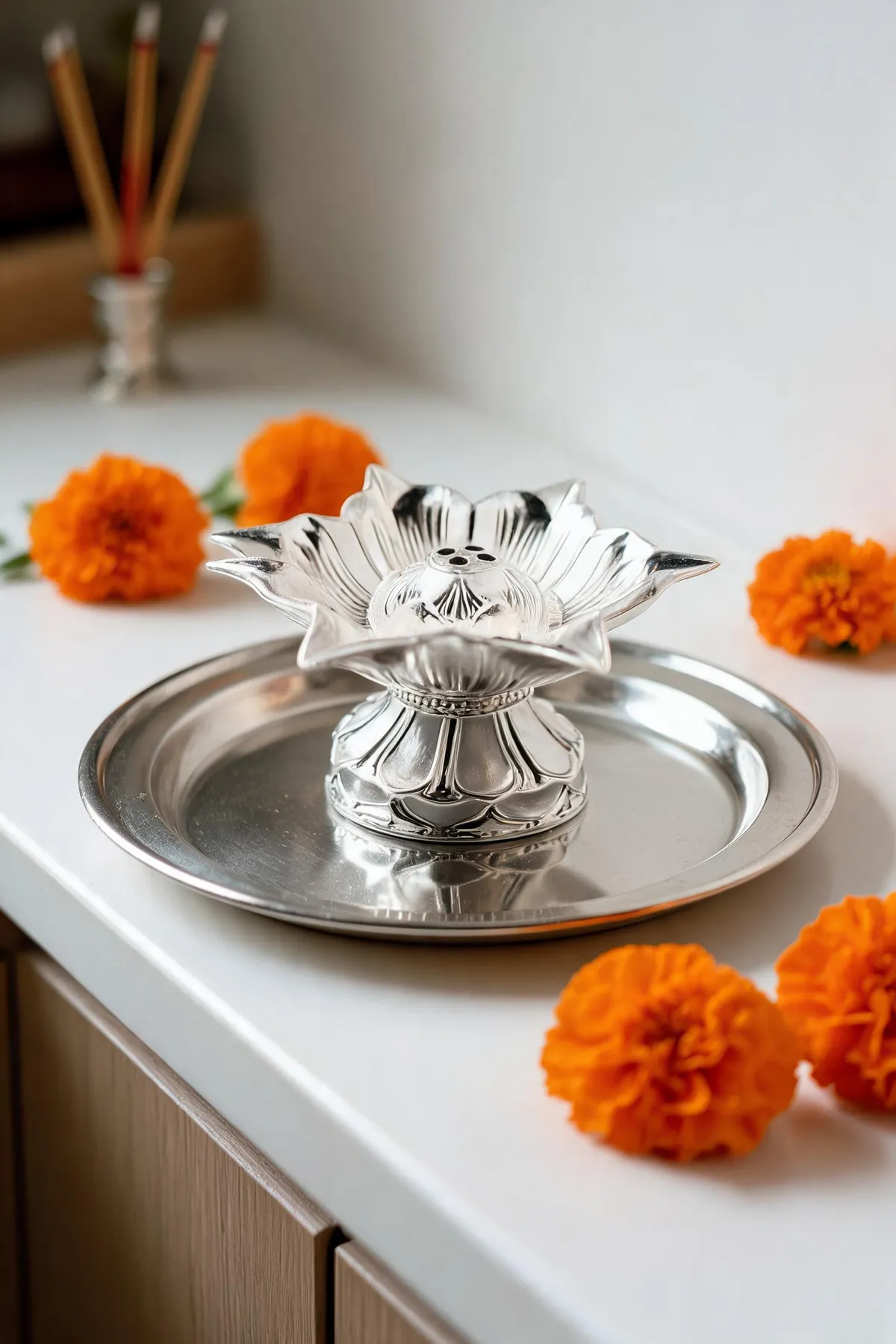 Peach enamel German Silver peacock trinket dish on a silver tray beside two rings