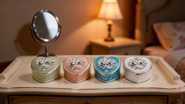 Four heart-shaped German Silver trinket boxes in pastel enamel on a vanity tray