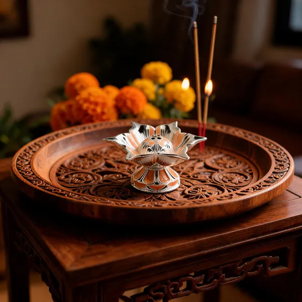 Silver lotus diya on a carved wooden tray with marigolds and lit incense