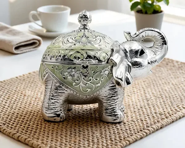 Silver elephant ornament with green enamel on a woven mat beside a plant