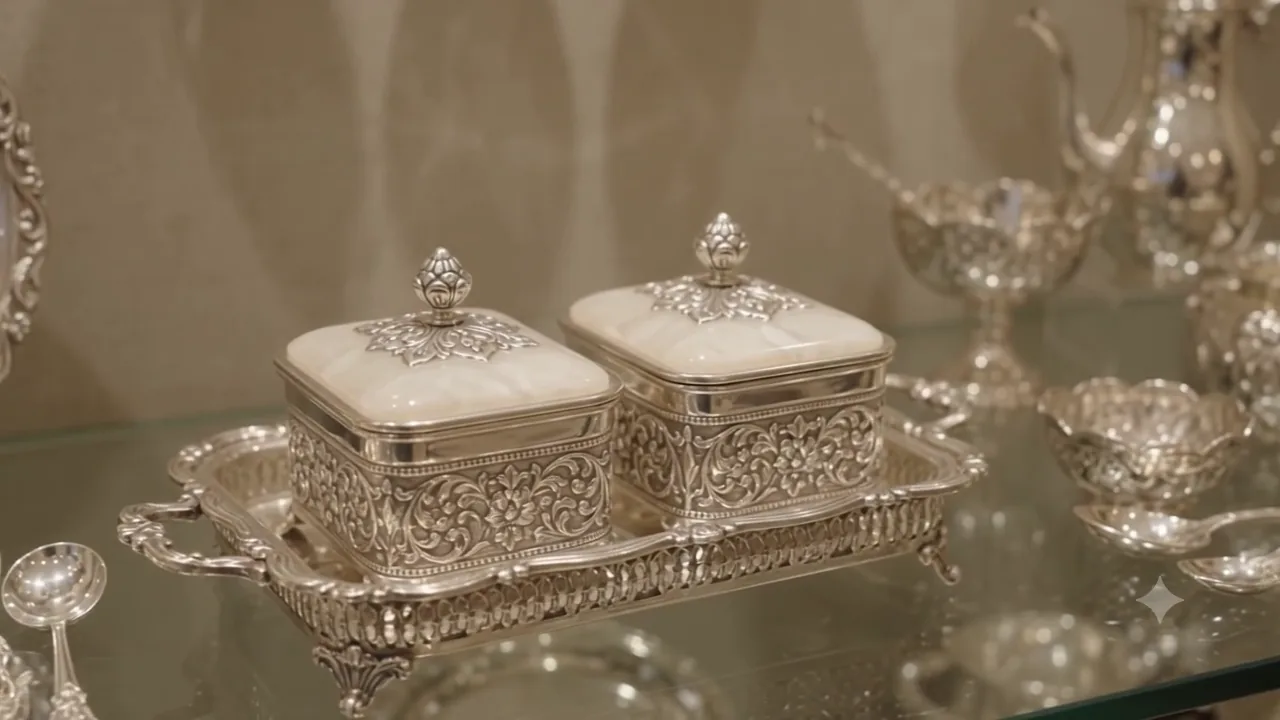 Two ornate silver lidded boxes on a silver tray in a showroom