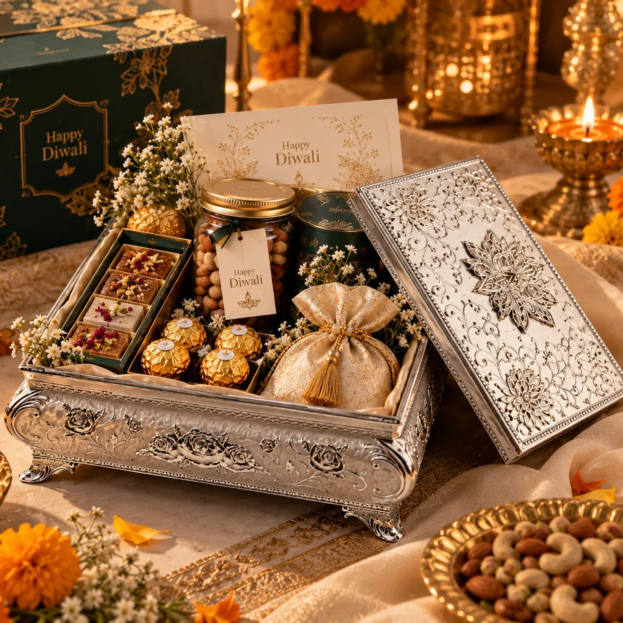 Diwali gift hamper in an embossed silver casket with sweets, dry fruits, golden chocolates, a potli pouch and a Happy Diwali card