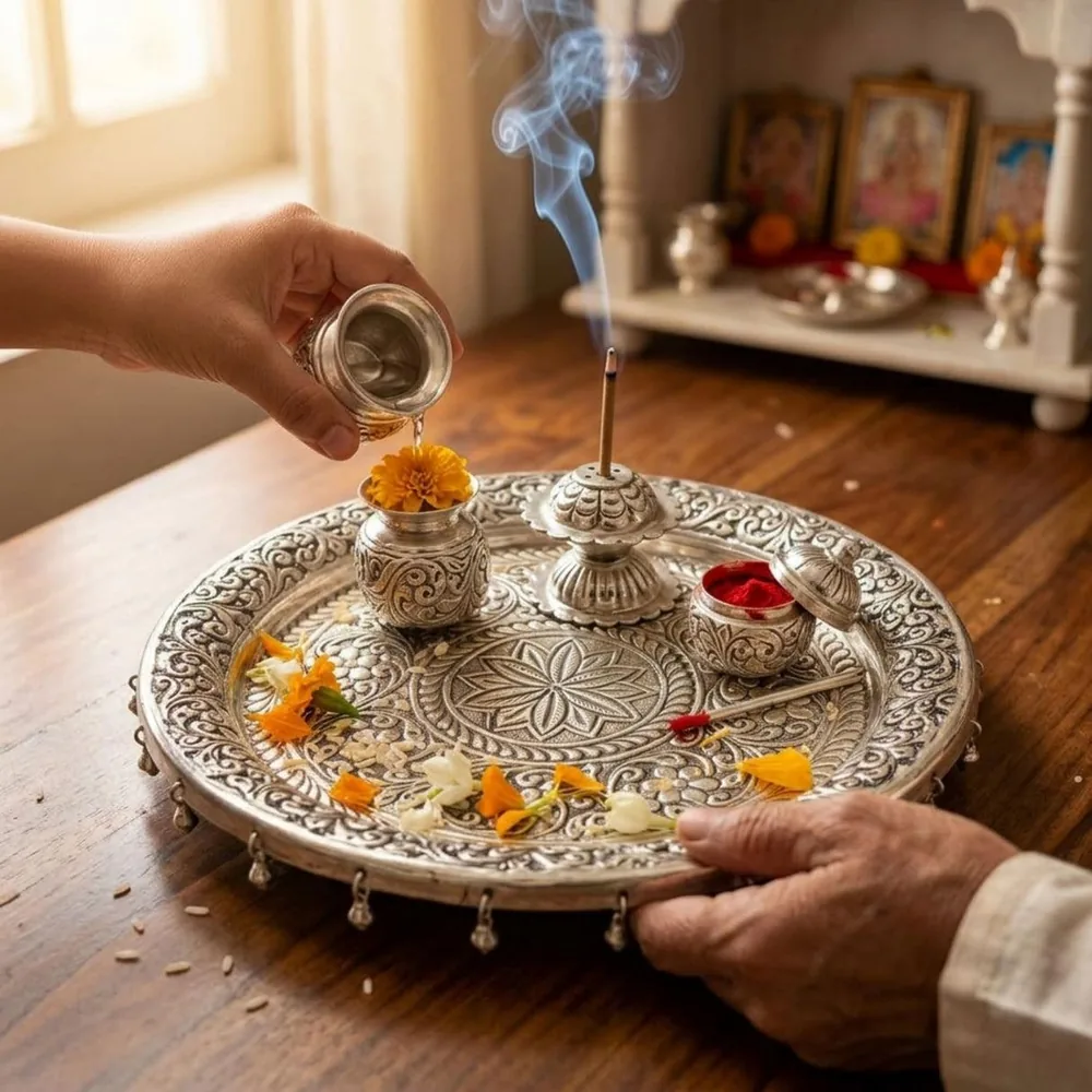 A German Silver pooja thali with kalash, incense stand and kumkum box on a wooden table