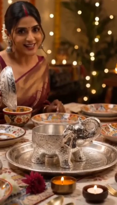 Festive Diwali table set with silver serveware